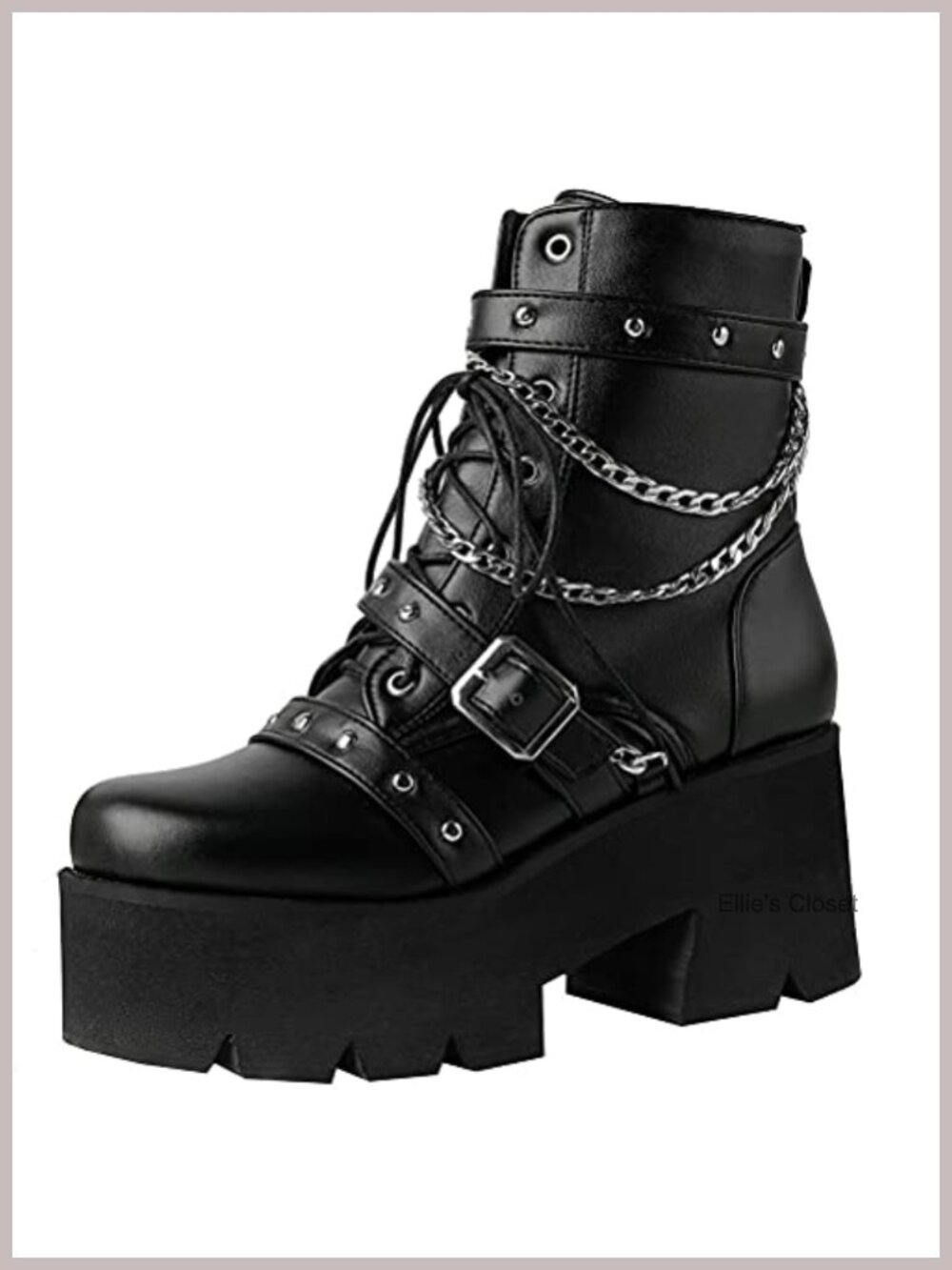 Chunky Platform Ankle Boots Lace Up High Heel Motorcycle Boots with Chain